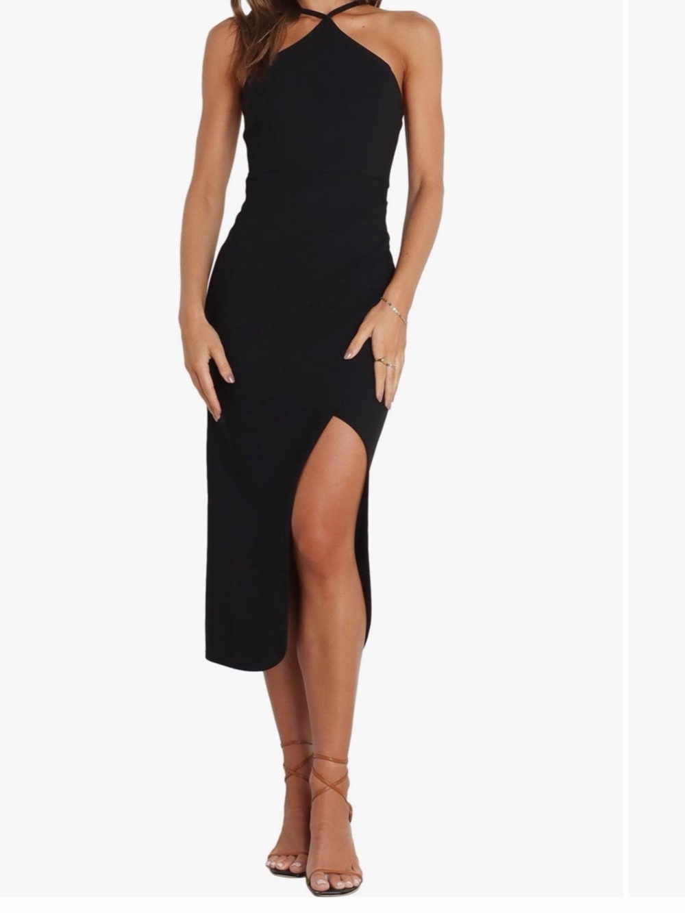 Petal & Pup Black Halter Midi Dress with Side Slit